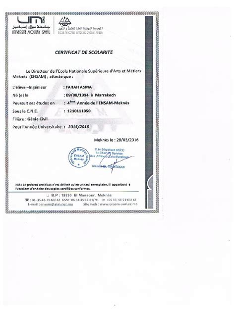 Certificat De Scolarité Pdf