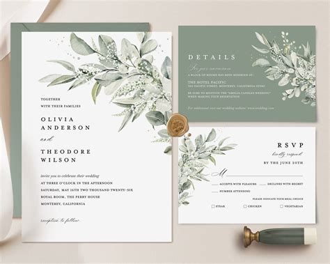 Sage Green Minimalist Wedding Invitation Template Eucalyptus Wedding