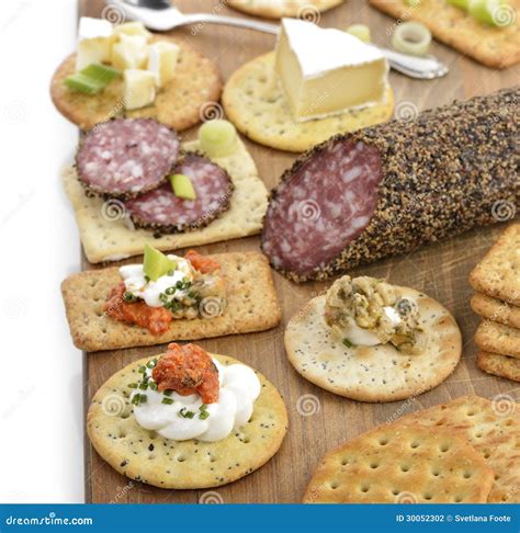Cracker With Salami Cheese And Dips Stock Photo Image Of Board