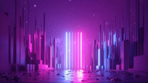 Artistic City Neon Lights Starry Sky Reflection Vaporwave Hd Vaporwave