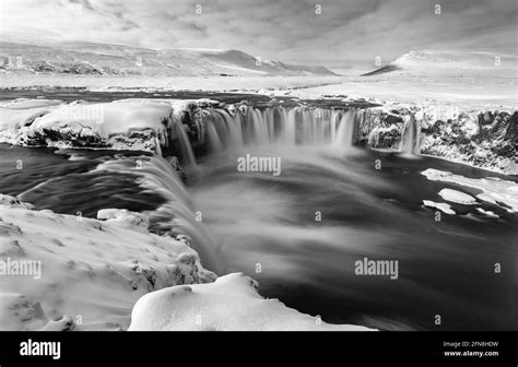 Godafoss Waterfall In Iceland In Winter Frozen Waterfall Stock Photo