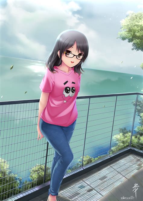 Long Hair Anime Anime Girls Jeans Black Hair Brown Eyes Glasses 1200x1695 Wallpaper
