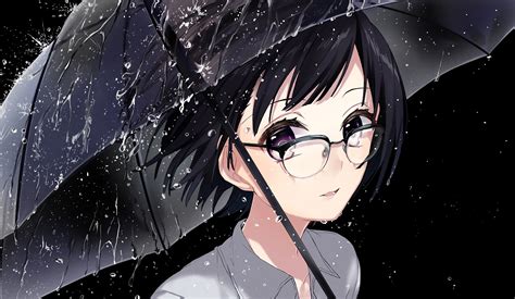 Обои очки дождь зонтик короткие волосы аниме девочка для рабочего