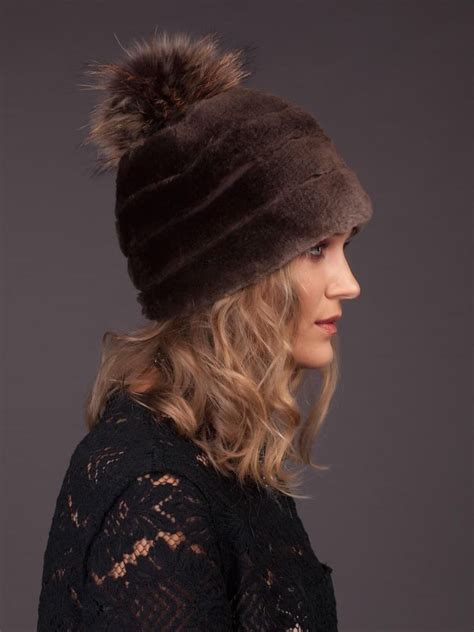 Natural Sheared Brown Beaver Fur Hat With Fox Pom Pom Handmade By Nordfur