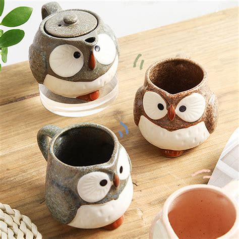 Cute Cartoon Owl Mug Teapot Ceramic Brown Cyan Apollobox