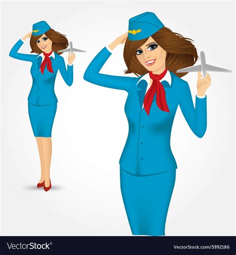 Stewardess Holding Plane Model And Saluting Vector Image