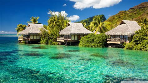 Water Bungalows On A Tropical Island Ultra Hd Desktop Background