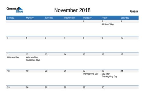 November 2018 Calendar With Guam Holidays