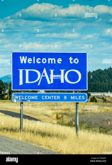 Close Up Of Big Blue Welcome To Idaho Sign On Interstate 90 Heading