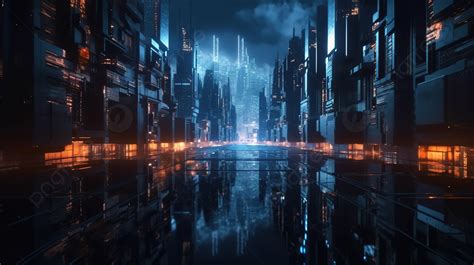Futuristic Cyber Cityscape Glowing Lights And Reflections Illuminate