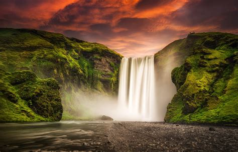 Sunset Glow Iceland Waterfal Skogafoss Waterfall Wallpaper