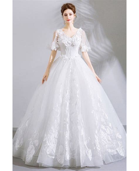 Unique Lace White Ball Gown Floral Wedding Dress With Sleeves Wholesale