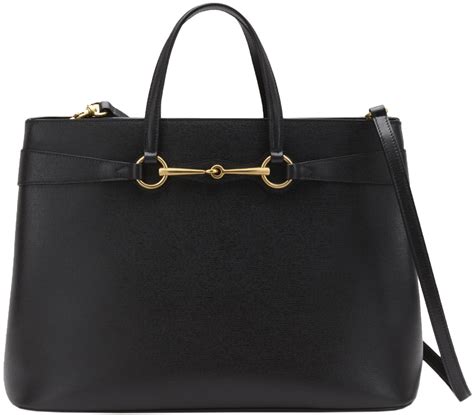 Gucci Black Leather Bright Horsebit Top Handle Large Satchel Tote Bag