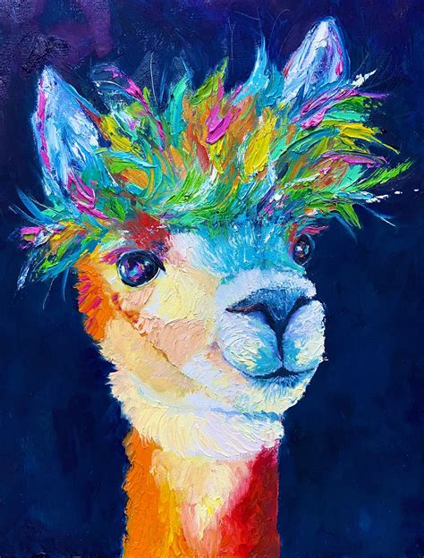 Colorful Llama Oil Art Print Adorable Llama Painting Cute Etsy
