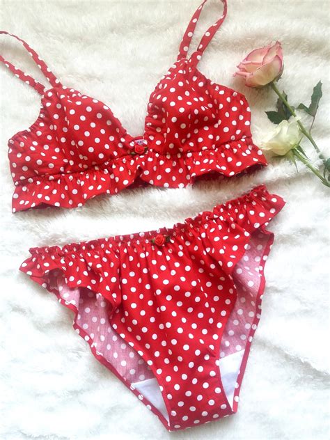 Polka Dot Frilly Bralette And Panties Pin Up Lingerie Set Etsy