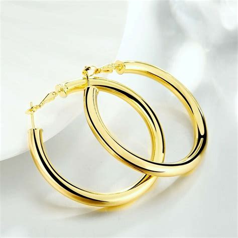 18k Gold Plated Classic Very Large Fashion 5mm Thick Tube Hoop Earrings C7 315 Earrings