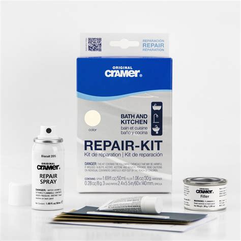 Repair minor damage and chips in enamel, acrylic and ceramic surfaces with this cramer repair kit. Cramer Repair Kit Biscuit: Filler 30 g, Hardener, 8 g ...