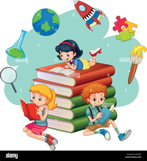 Three Kids Reading Books Illustration Stock Vector Image And Art Alamy