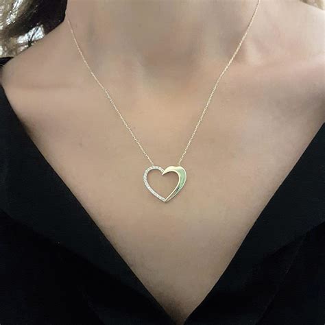 K Real Solid Gold Heart Pendant Necklace Half Decorated With Cubic