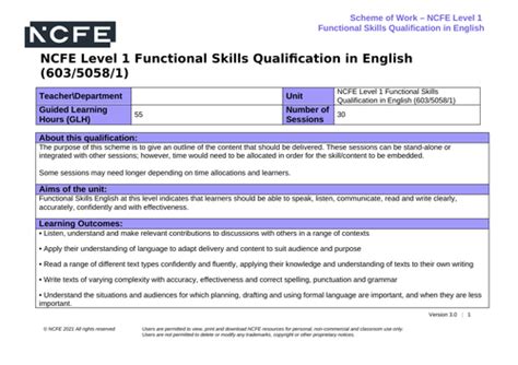 Ncfe Functional Skills English Level 1 Scheme Of Work 60350581