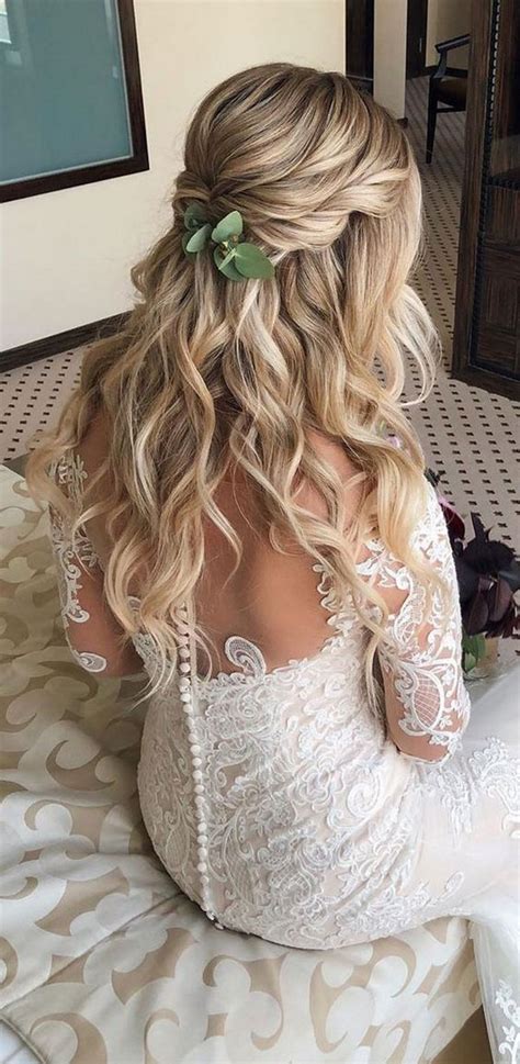 Half Up Half Down Boho Wedding Hairstyle With Greenery Headpiece