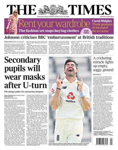 Times Front Page 26th Of August 2020 Tomorrows Papers Today