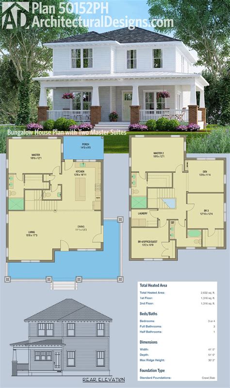 Many of these two bed house designs boast open floor plans, 1, 2, 2.5, or 3 baths, garage, basement, and more. Plan 50152PH: Bungalow House Plan with Two Master Suites ...