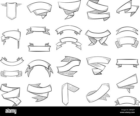 Doodle Pencil Drawing Vector Banners And Ribbons Sketch Drawing Scroll