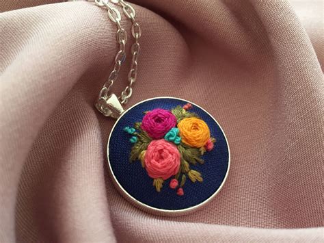 Embriodery Pendant Necklacefloral Jewelryflower Necklaceembroidered