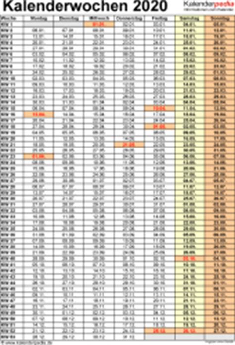 Die 52 kalenderwochen des jahres 2021 mit den feiertagen für deutschland. Kalenderwochen 2020 mit Vorlagen für Excel, Word & PDF