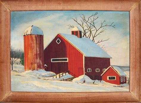 Red Barn In Winter 20th C American Oil Painting Seaside Art