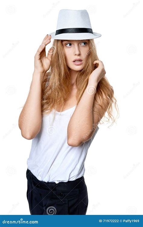 Beautiful Slytish Woman Posing In Fedora Hat Stock Photo Image Of