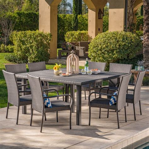 9 Piece Gray Finish Square Wicker Outdoor Furniture Patio Dining Set