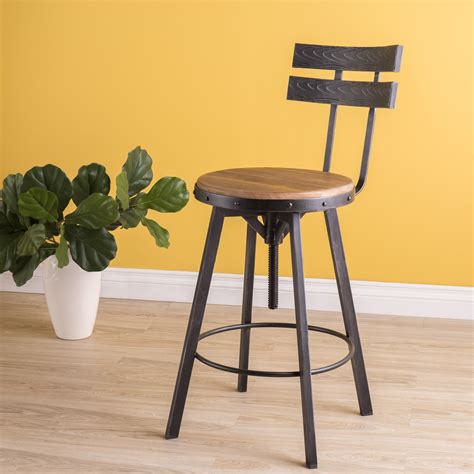 Industrial Rustic Metal Bar Stool Adjustable Wood Back Kitchen High