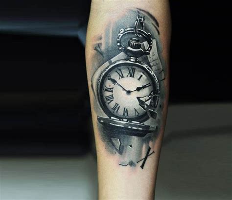 Awesome Realistic Black And Grey Tattoo Of Pocket Watch Motive Done By