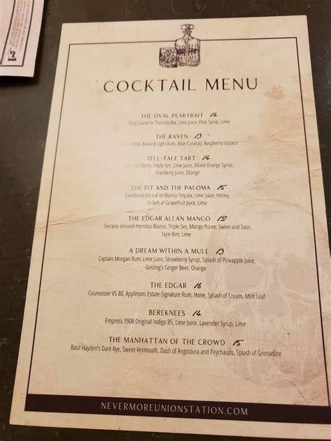 Menu at Nevermore Union Station pizzeria, Indianapolis