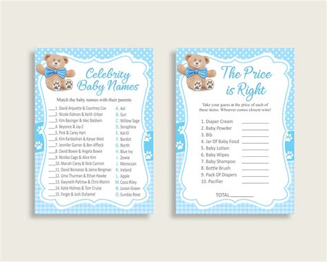 Teddy Bear Baby Shower Games Printable Pack Blue Brown Baby Etsy