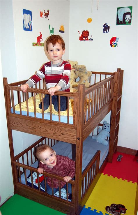 In bunk beds design, one bed frame is stacked on top of another. Small Bunk Bed in Oak. $1,550.00, via Etsy. | Boy and girl ...