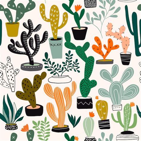 Premium Vector Seamless Pattern With Cacti And Tropical Plants
