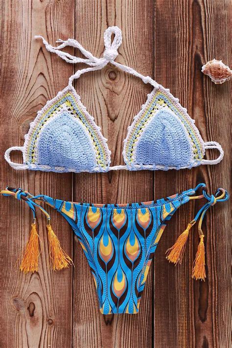 printed crocheted bikini set azure m on luulla