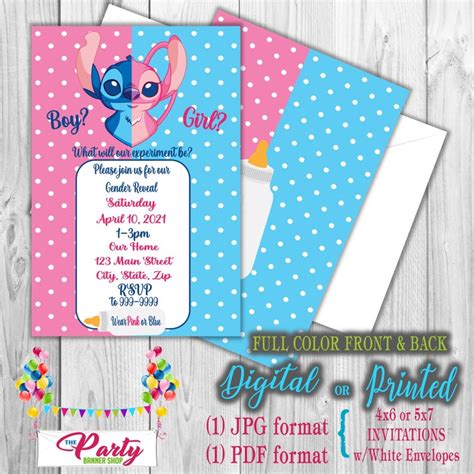 Stitch Angel Gender Reveal Party Invitations Digital And Etsy In 2021 Gender Reveal Party