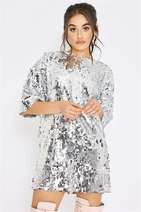 Pia Mia Silver Sequin Oversized T Shirt Dress Silver Sequin Dress Short Sequin Shirt Dress