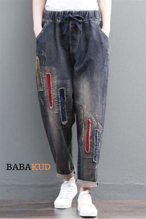 Patchwork Vintage Elastic Waist Loose Harem Jeans Pants For Women Harem Jeans Denim Cotton