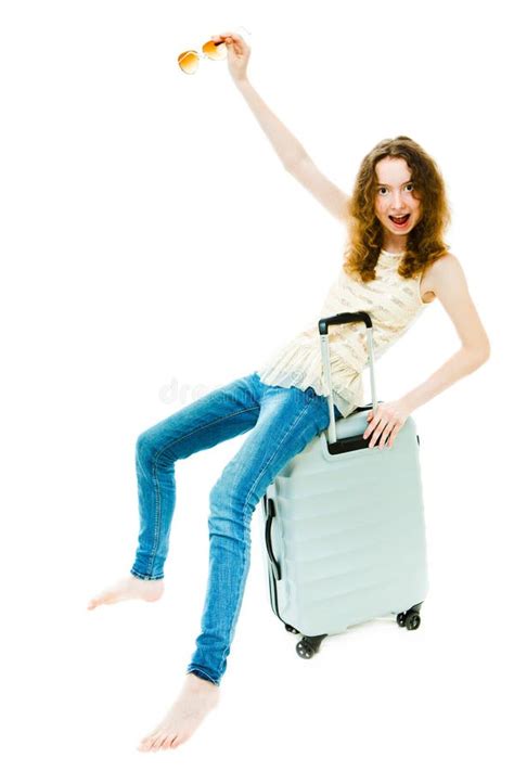 Barefoot Skinny Girl Sitting On Luggage Stock Image Image Of Luggage
