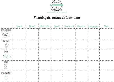 Plannings Vierges Pdf Menus De La Semaine Imprimer Planning Menu