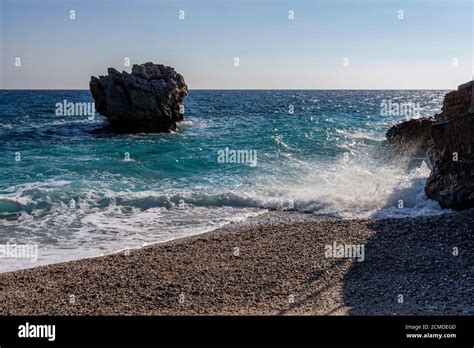 Beaches Of Greece Mylopotamos Beach Waves Splashing On Rock
