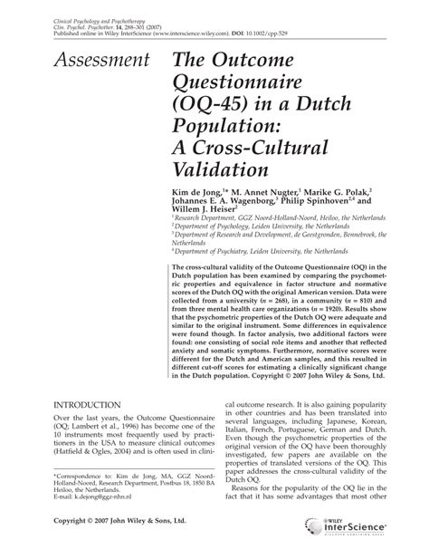 Pdf The Outcome Questionnaire Oq 45 In A Dutch Population A Cross