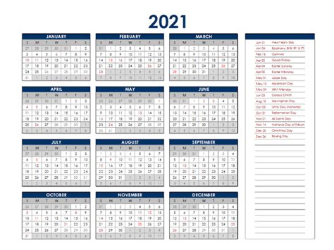 2021 Germany Annual Calendar With Holidays Free Printable Templates