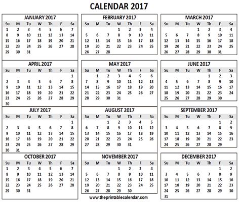 2017 Calendar Printable 12 Months Calendar On One Page