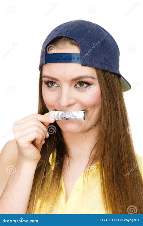 Young Woman With Chewing Gum Stock Image Image Of Teen Shirt 174381731